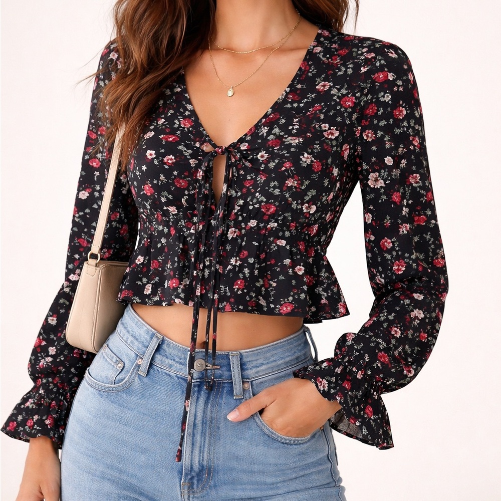 Black Floral Peplum Front Tie Crop Blouse | M